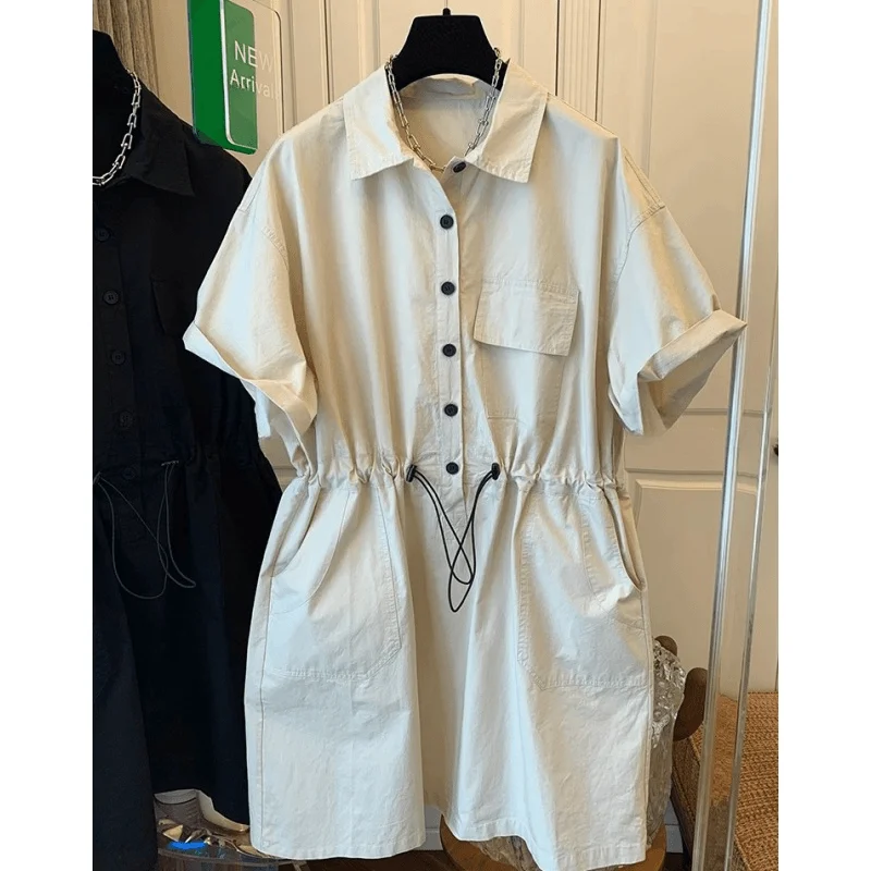 Damska codzienna koreańska sukienka koszulowa z guzikami, w jednolitym kolorze, z kołnierzykiem, krótkim rękawem, letnia, prosta, ze sznurkiem i plisami.