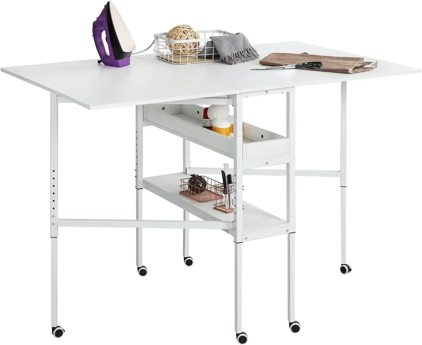 

Height Adjustable Craft Table with Storage Shelves, Mobile Folding Cutting Table for Large Fabric, Foldable Table