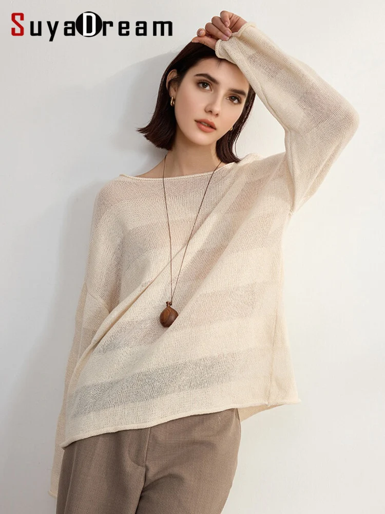 

SuyaDream, Women Thin Pullovers, Hollow Out, O Neck, Long Sleeved Striped Sweaters, 2025 Fall Spring Cozy Top