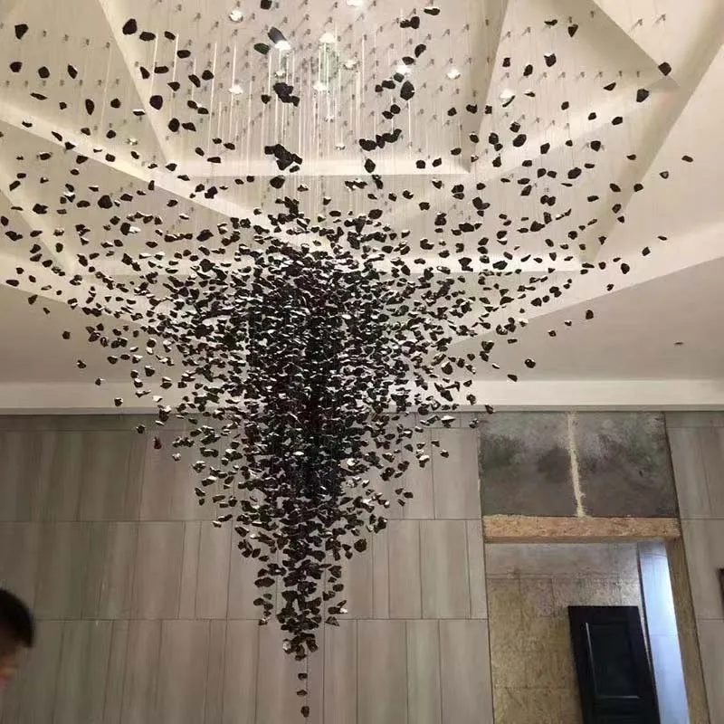 Black Art Luxury Stone Crystal Chandelier For Staircase Hallway Lobby Modern Cristal Led Hanging Lamp Home Indoor Light Fixtures