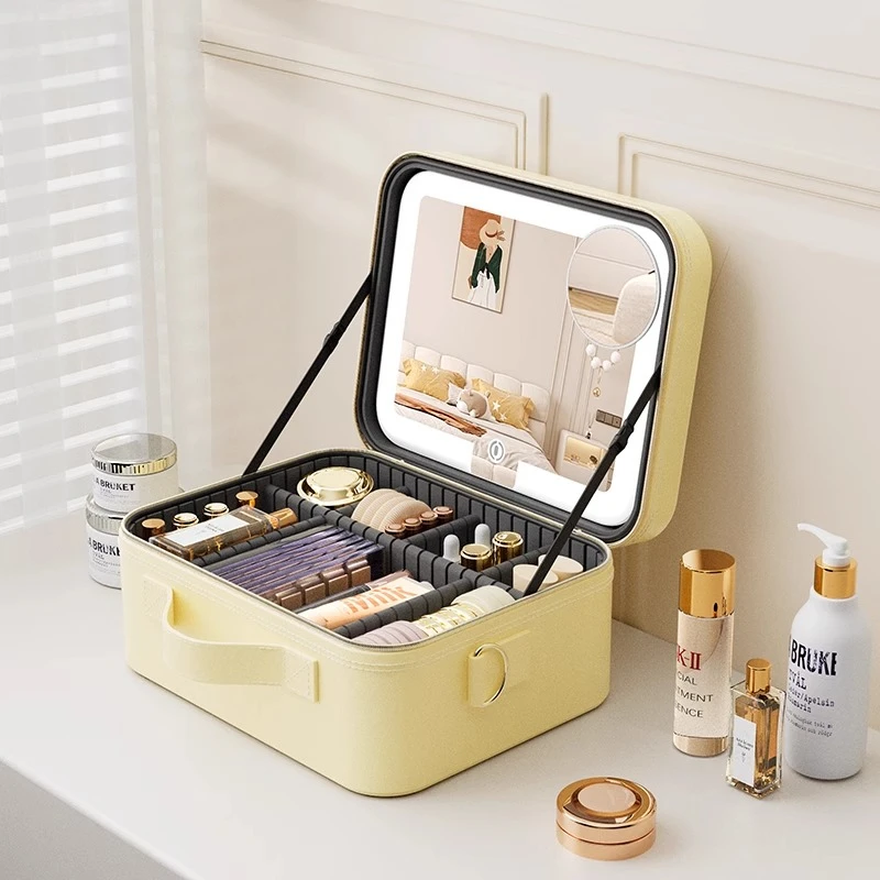 

With mirror cosmetic bag can be hung in the suitcase for travel, portable brush partition storage vanity case