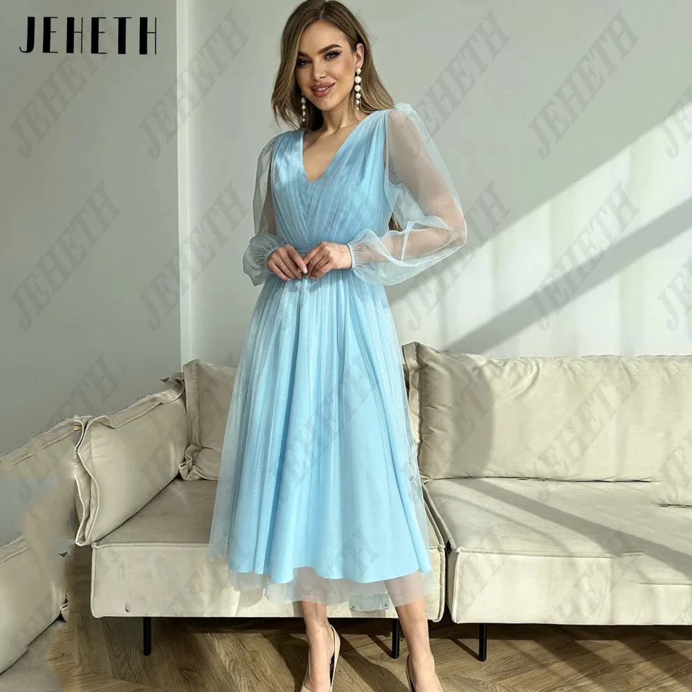 JEHETH Modern Double V-Neck Evening Dress Puff Sleeves Blue Tulle A-Line Prom Party Gonws Ankle Length فساتين للحفلات الراقصة