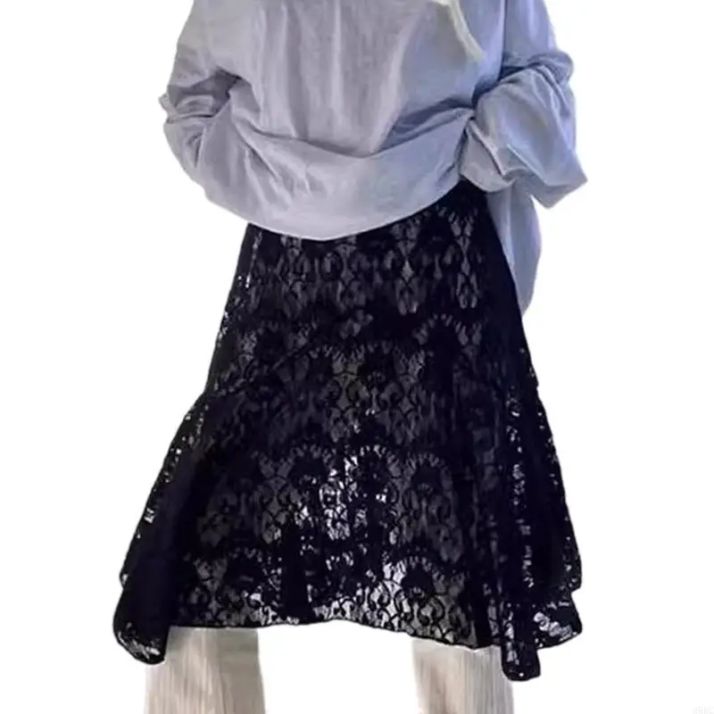 39BC Damska spódnica w stylu vintage z elastycznym pasem, nieregularna, warstwowa, przezroczysta, kwiecista, koronkowa długa
