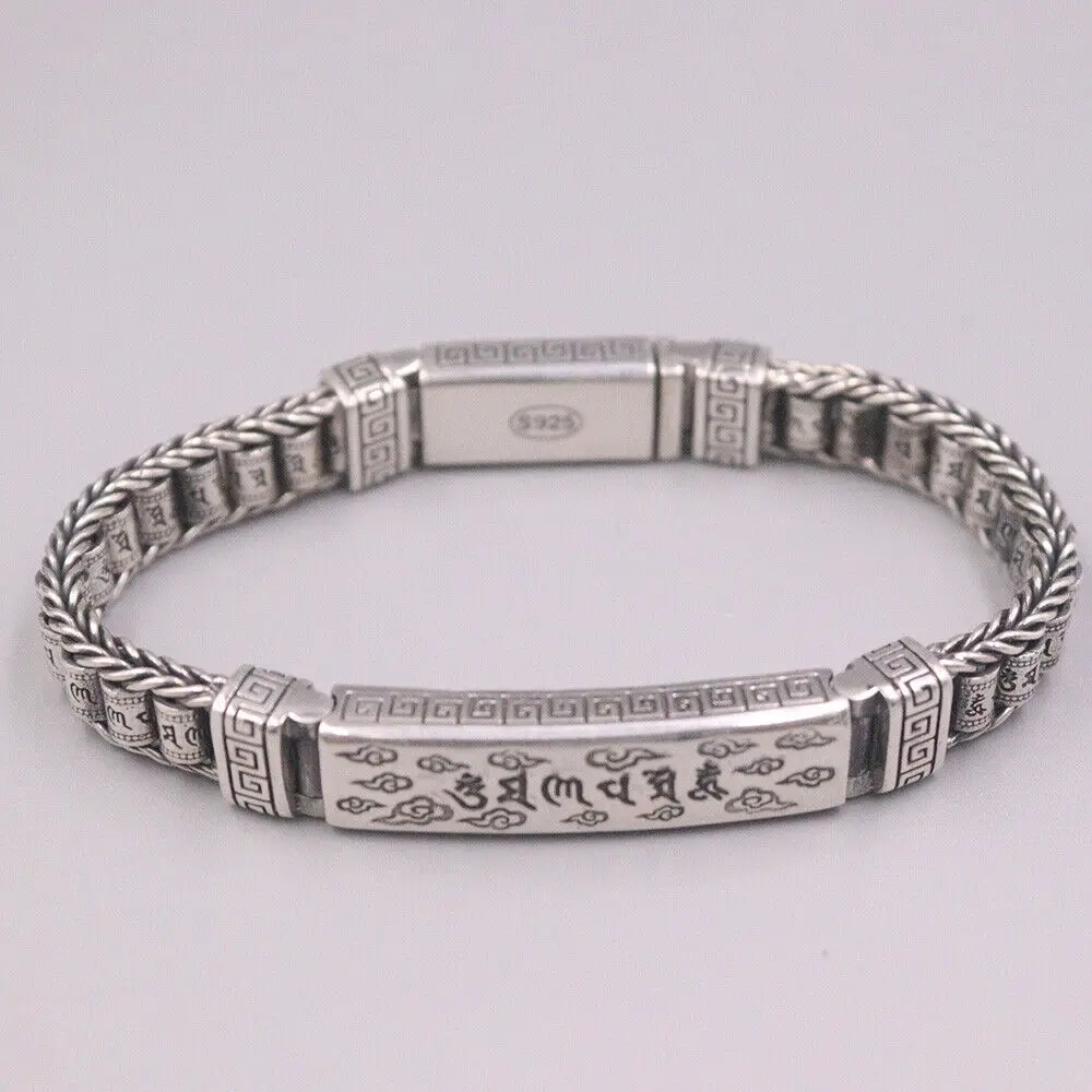 

Real 925 Sterling Silver Bracelet 11mm Six-Word Sutra Link Chain 7.87inch ForMan