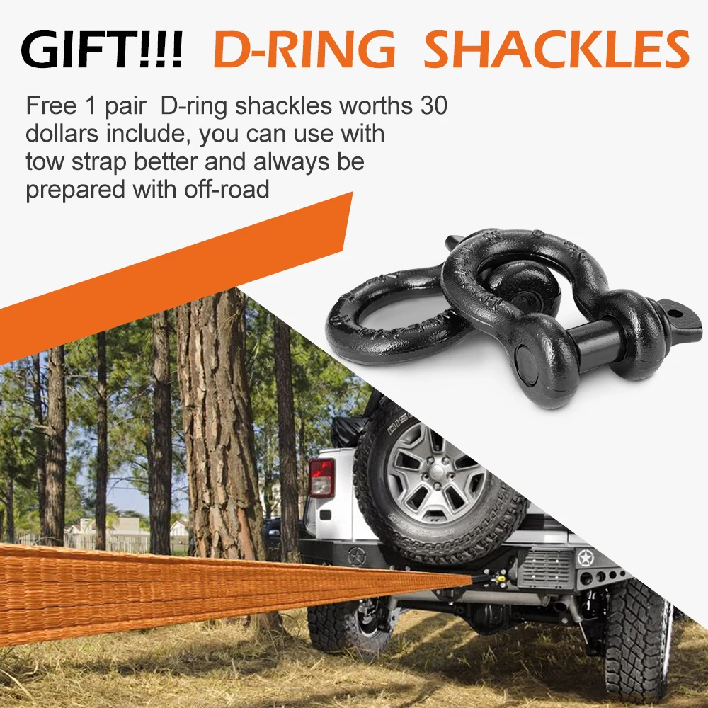 6M 헤비 듀티 복구 견인 스트랩 3인치x20피트 30000파운드 복구 스트랩 (D링 섀클 포함)