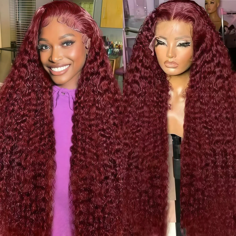 99J Burgundy 250 Density 13x4 HD Lace Front Wigs Human Hair Red Wine 30 Inch Deep Wave Brazilian Curly Glueless Lace Frontal Wig