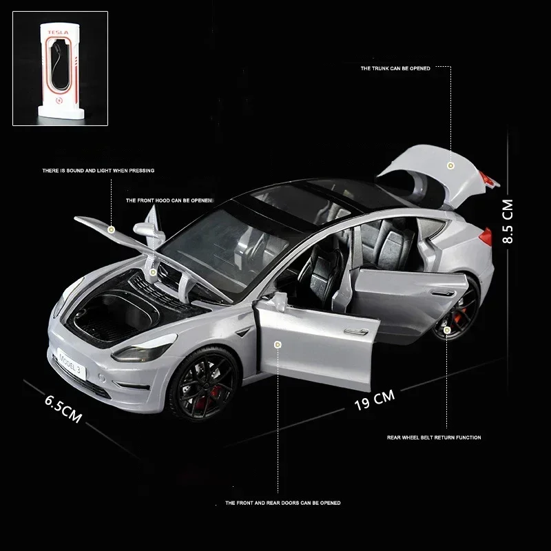 1:24 Tesla Model 3 Alloy Toy Car Sound Light Pull Back Children Toy Collectible Birthday gift