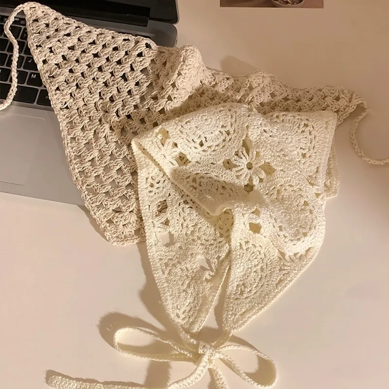 

Бежевая хлопковая полая треугольная повязка на голову, полотенце для женщин, летний дорожный шарф для волос, бандана, полые решетчатые повязки на голову во французском стиле