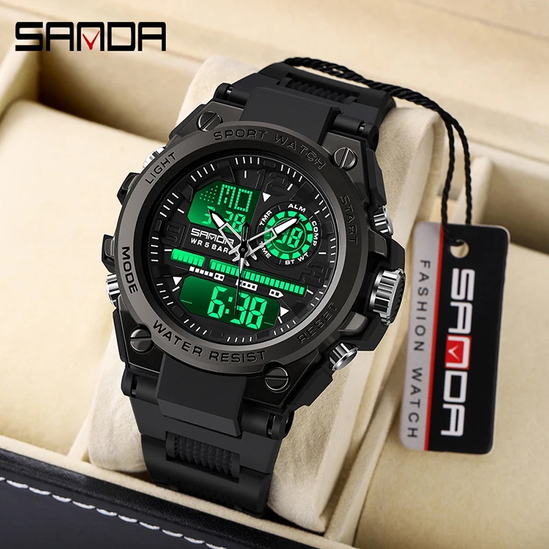 SANDA 6024 Sport Quartz Watch for Men LED Dual Display Electronic Digital Mens Wristwatches Waterproof Military Shockproof Clock