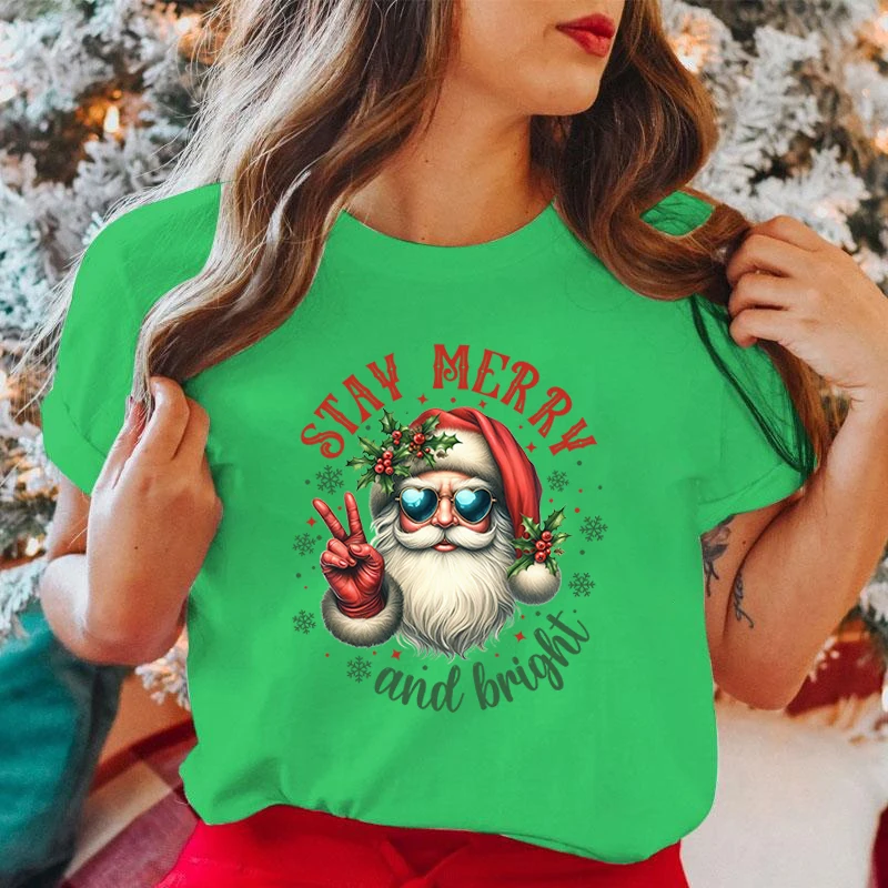 Funny Christmas Santa Claus Stay Merry And Bright Print T-Shirt Summer Letter Print T Shirt Women Men Short Sleeve Loose Shirts