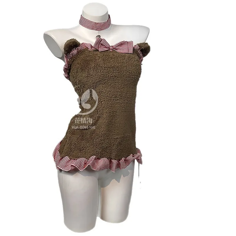Sexy Plush Backless Maid Outfit Bear Nightdress Lace Bow Pajamas Bodycon Off-the-shoulder Backless Sleeveless Dress Playful AJFP