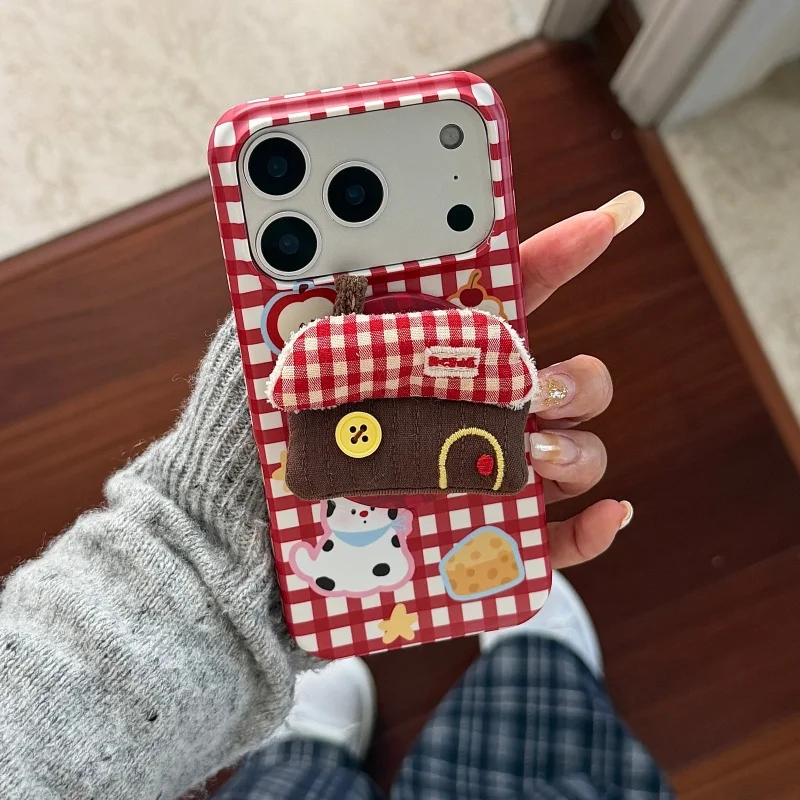 

Cute Puppy Cheese Red Plaid Pattern Magnetic Phone Case For iPhone 17 Pro 16 15 14 Pro Max Cover with Plush House Stand For Mags
