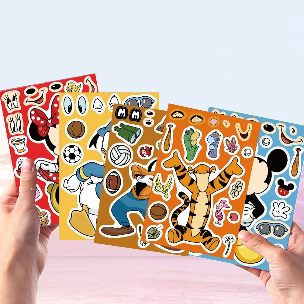 8/16Sheets Children DIY Puzzle Stickers Disney Micke Make-a-Face Funny Assemble Jigsaw Cartoon Sticker Kids Educational Toys