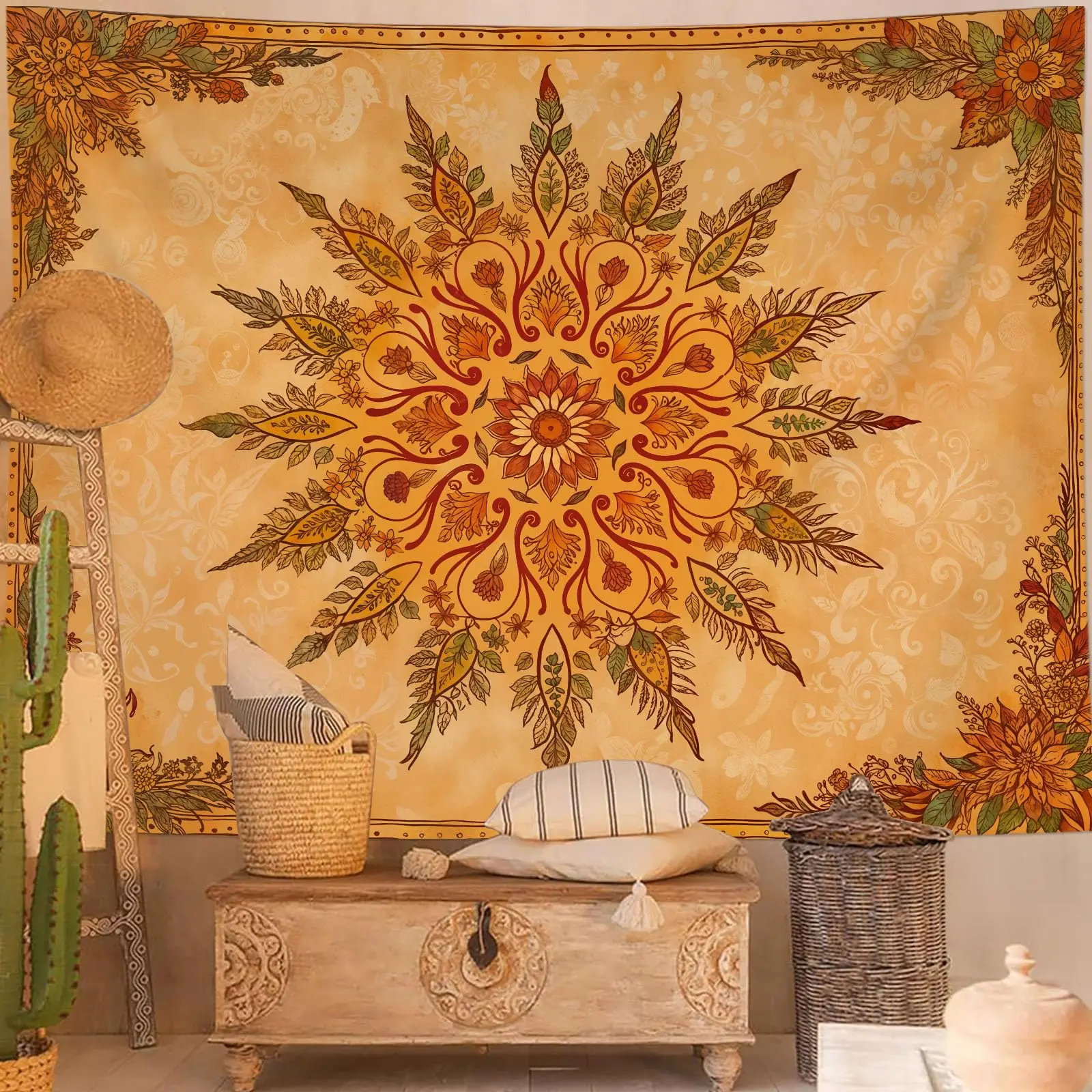 Böhmischer Mandala-Blumen-Wandteppich |   Flacher, bedruckter, großer Retro-Wandbehang im indischen Stil mit orange-gelben Blumen für Schlafzimmer und Wohnheim
