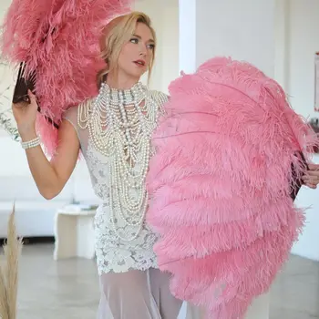 130CM Pink Ostrich Feathers Fan Large 13 Bones Hand Plumas Fan Wedding Carnival Party Stage Performance Props Accessories