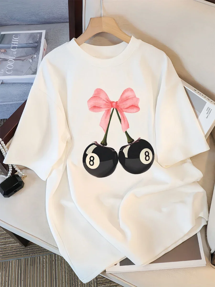 Pink Bow Black Billiards 8 Cherry Pattern Women's T-shirt Summer Fashion T-shirt Round Neck Top Soft Loose Short Sleeve Women