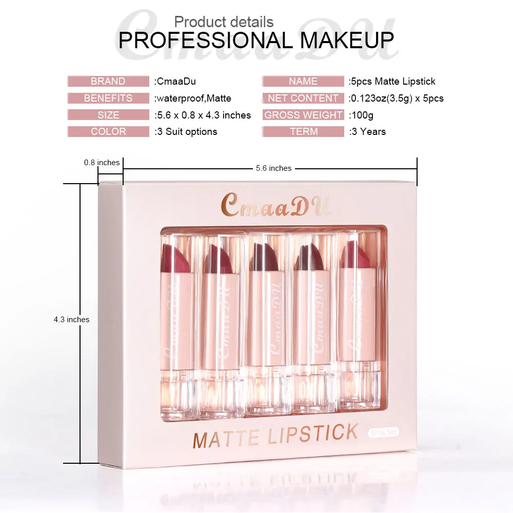 Cmaadu Lippenstift Set Lippenstift Lippenstift Matte Hydraterende, Langdurige Makkelijke Make-Up Natuurlijke Gezondheid 5 Stuks Pak 1 Doos