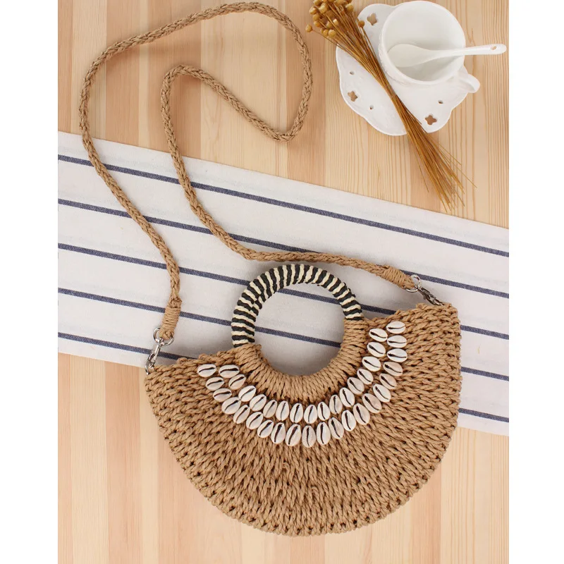 

Simple wind semicircle hand-woven bag hand-sewn natural shell holiday woven bag holiday handbag