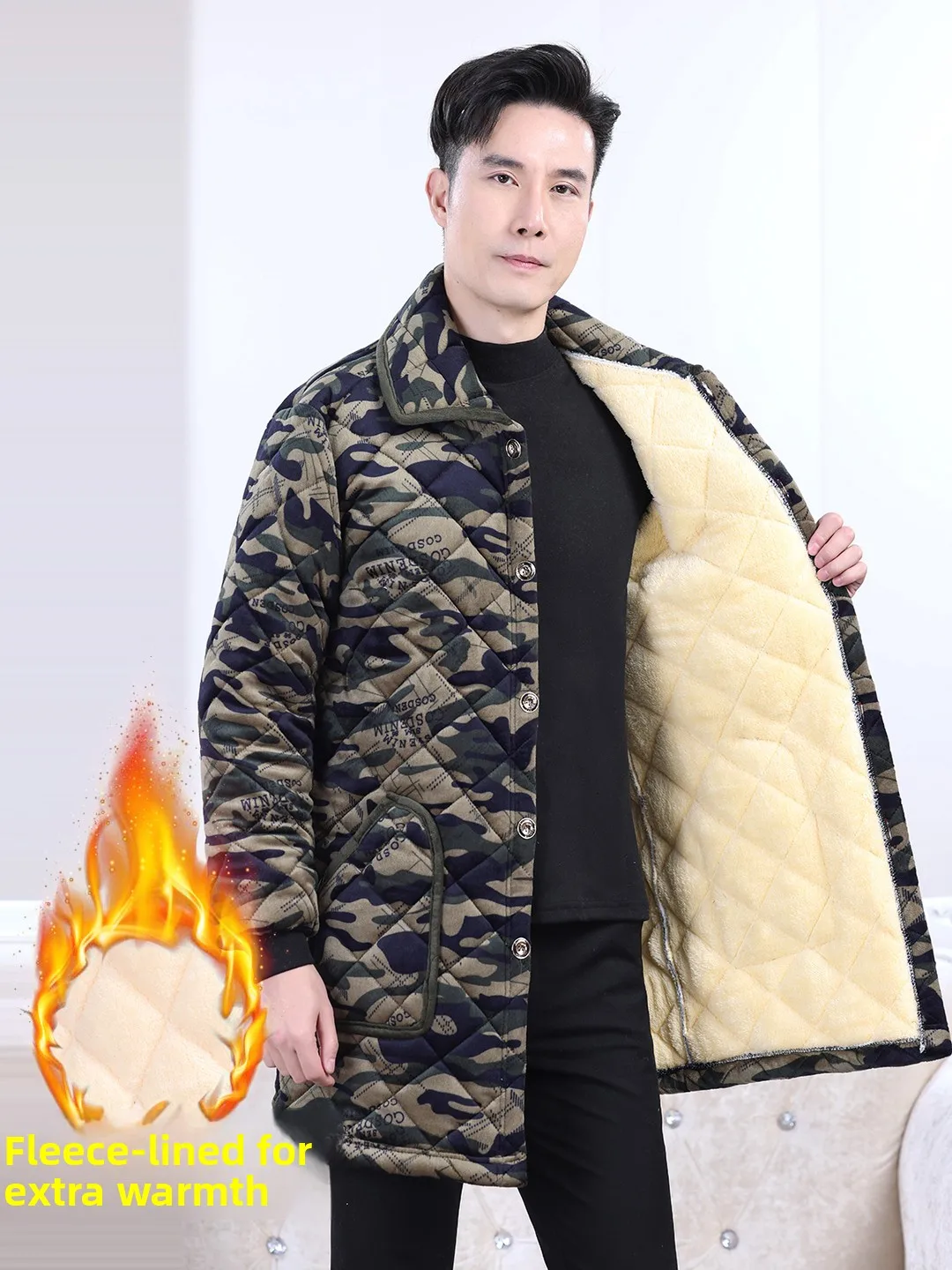 

Мужская хлопковая куртка с камуфляжным принтом, отложным воротником, на флисовой подкладке, утепленная, для работы и повседневной носки, свободного кроя, с длинными рукавами, на пуговицах