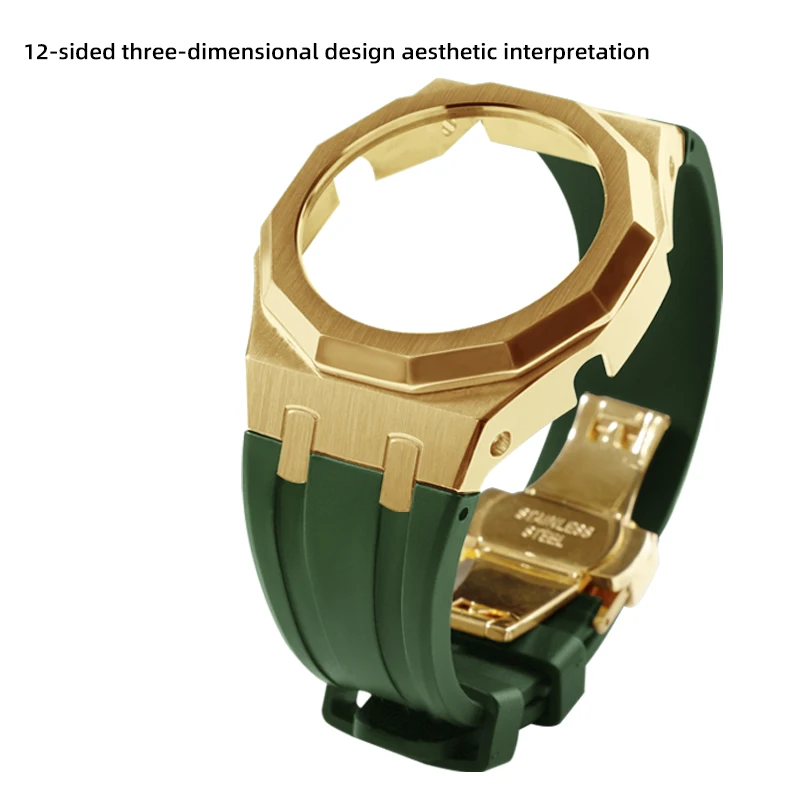 متوافق مع GA-2100/2110/B2100 GMA-S2100 حافظة معدنية من الفولاذ المقاوم للصدأ بحزام مطاطي ملحقات تعديل الساعة.