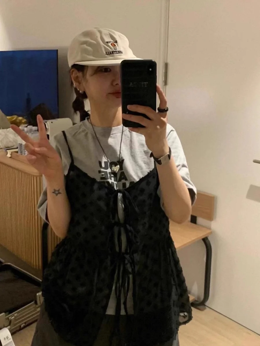 Korean Style Spring  Knot Belted Cover up Polka Dot 3D Embroidery See through Women's Vest Outerwear Chiffon