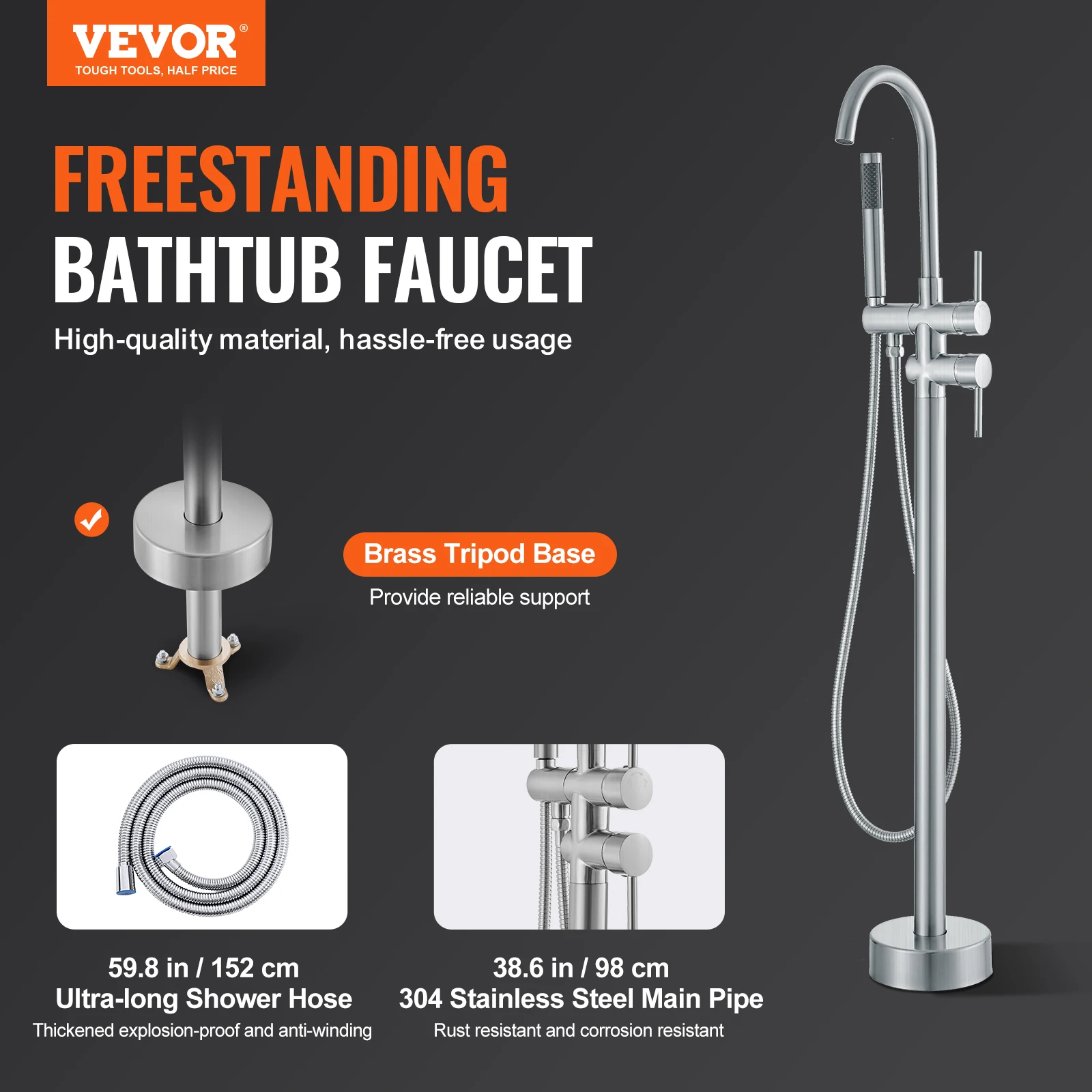 VEVOR Freestanding Bathtub Faucet Floor Mount Shower Mixer Taps For Bathing Showering Pet Cleaning Drains Toilet Flushing