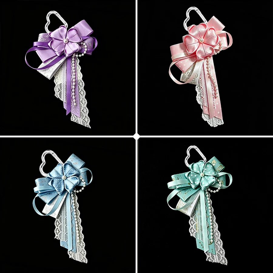 Handmade Satin Lace Bow Bag Charm, Fabric Flower Ornament, Imitation Pearl Tassel, Heart‑shape Carabiner, Embossed Ribbon Lace Detail, Bag Decoration Ornament, Fabric Bow Accessory, Fabric Flower Bag Pendant
