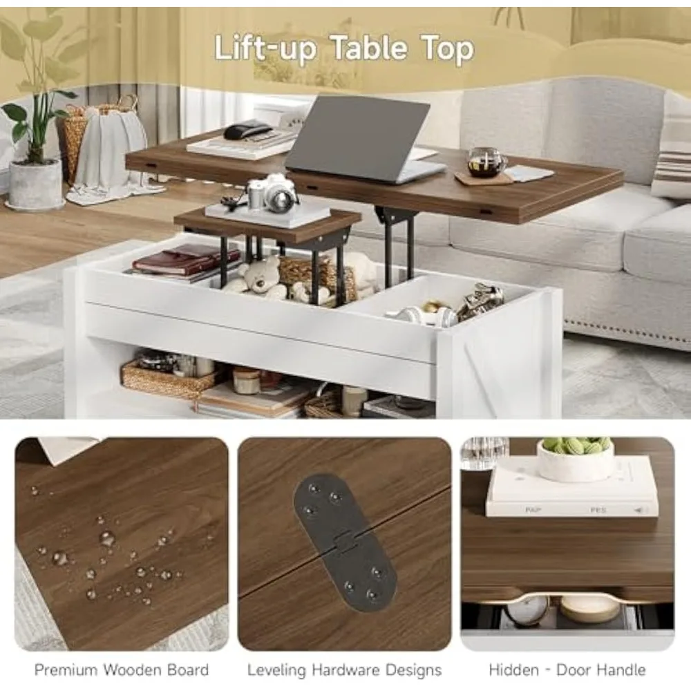 Table basse rustique relevable avec tiroirs de rangement et compartiment caché