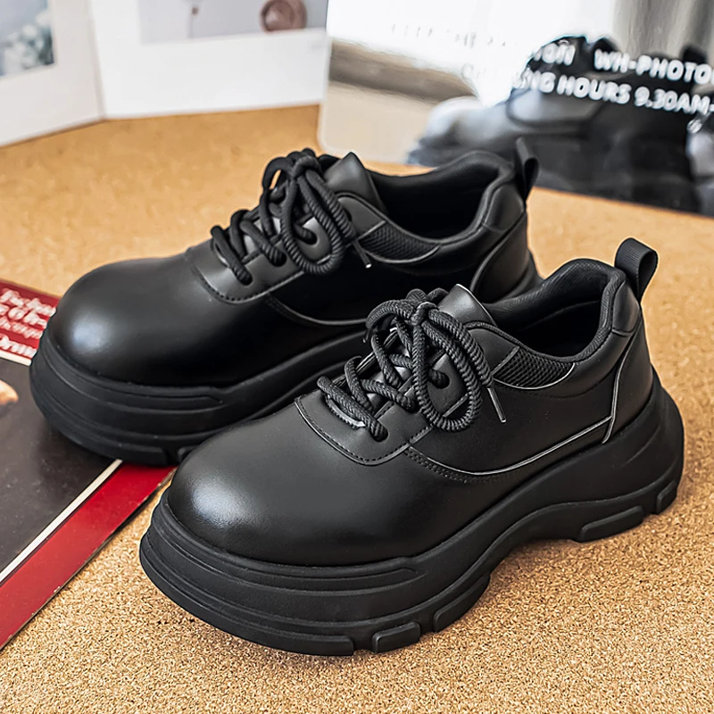 Summer Casual Men's Pure Black Lace-up Height-increasing Business-style Low-heeled Comfortable and Durable Small Leather Shoes