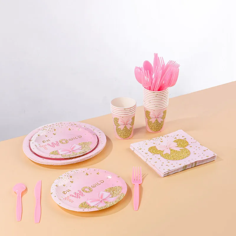 

Набор одноразовой посуды для детского дня рождения в стиле Минни Маус, розово-золотой с блестками, декор для стола, сувениры