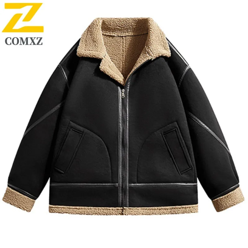 Harajuku Deerskin Fleece Jacket Men's Motorcyclist Thickened Warm Wool Plush Coat 2025 New Winter Korean Trendy Cold-proof Parka