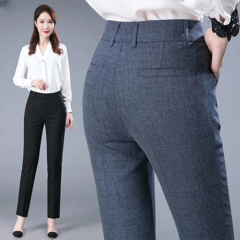 

Womens Formal Office Pencil Pants 2023 New Elegant Ladies OL Work Pantalones Casual Elastic Cotton Slim Trousers