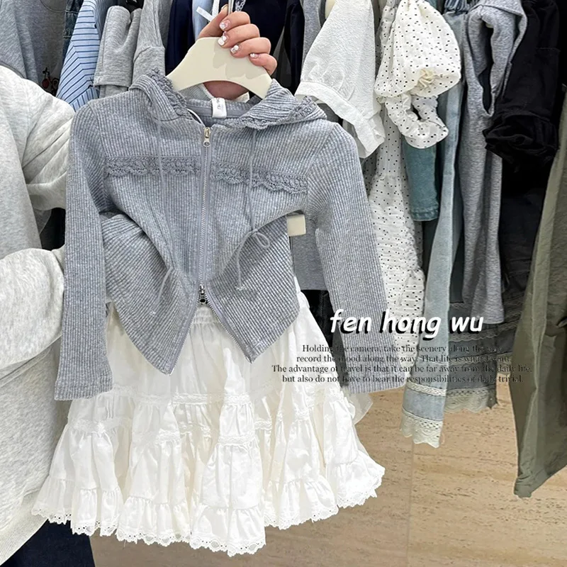 

Children's Clothing Girls Spring Suit2025miuCardigan Jacket with Lace Trim and Lace Skirt
