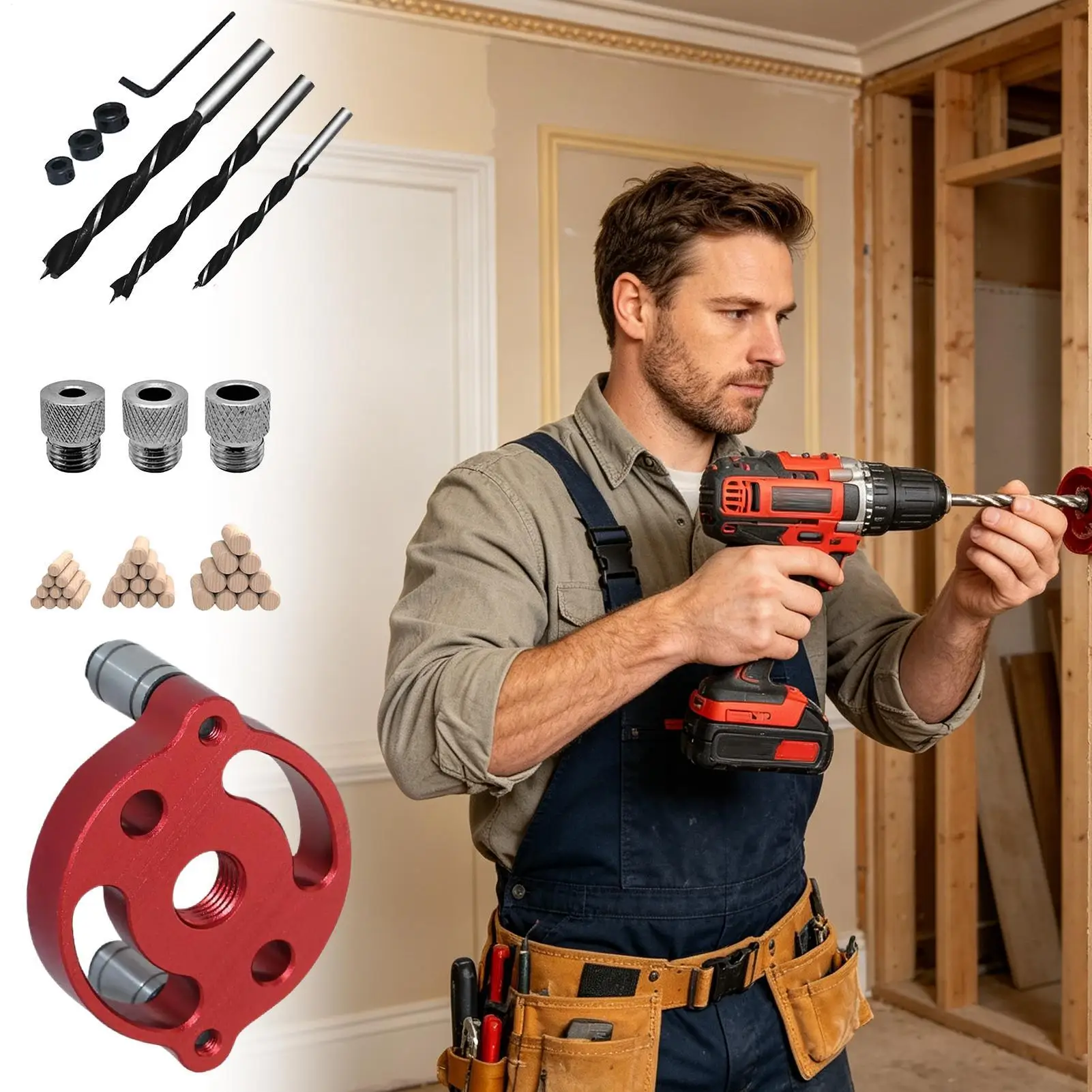 

Self Centering Doweling Jig Kit Adjustable Drill Guide Handheld Hole Locator Tool For Woodworkers Remodelers Contractors