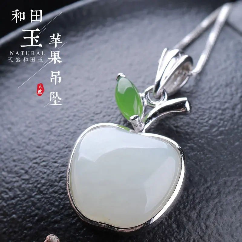 

Certified Hetian Jade Apple Pendant Fashion 925 Sterling Silver Inlaid Jade Small Pendant Necklace for Women