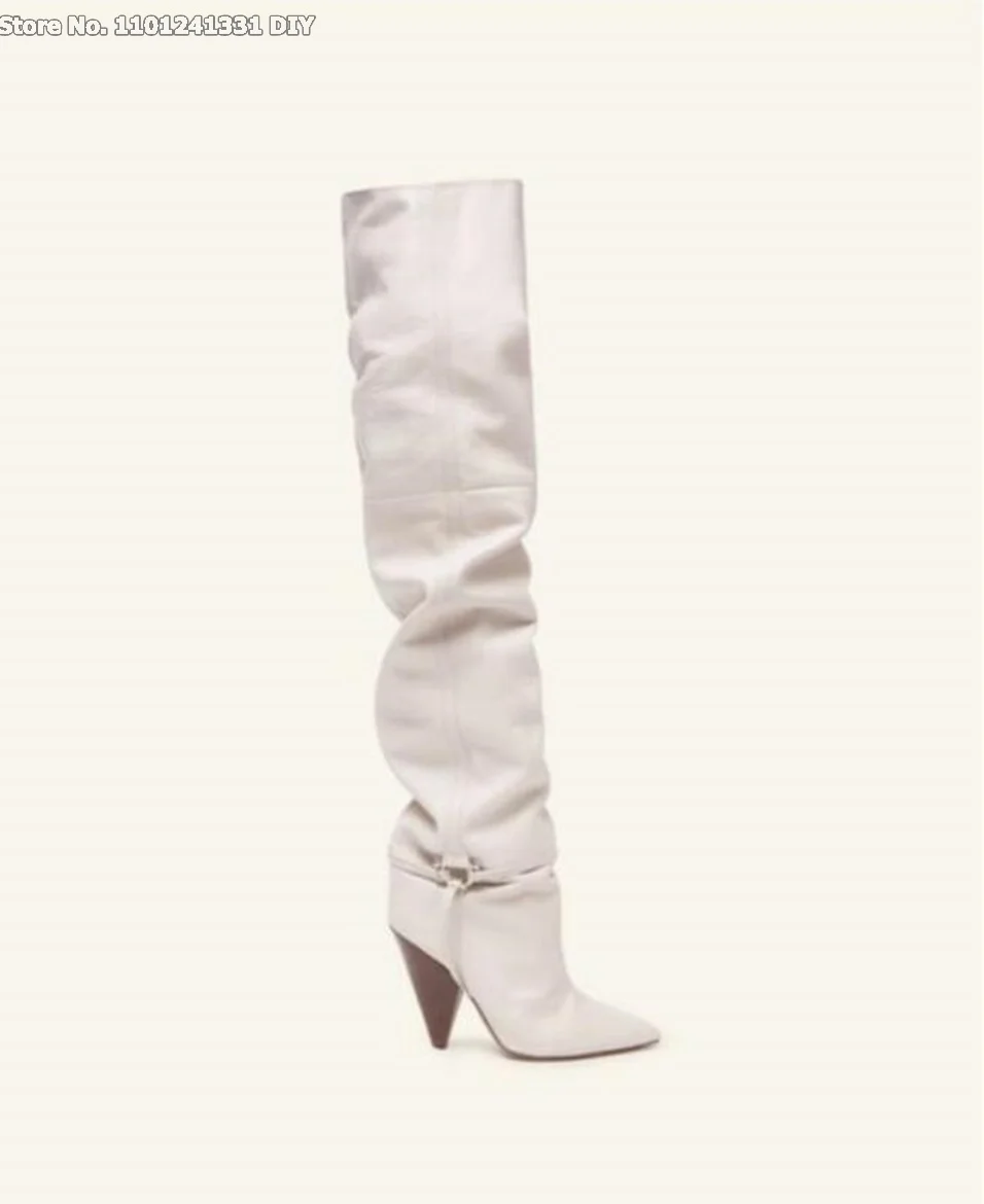 Botas altas hasta el muslo con punta en pico y tacón de aguja, color beige, para mujer, plisadas, largas, de invierno.