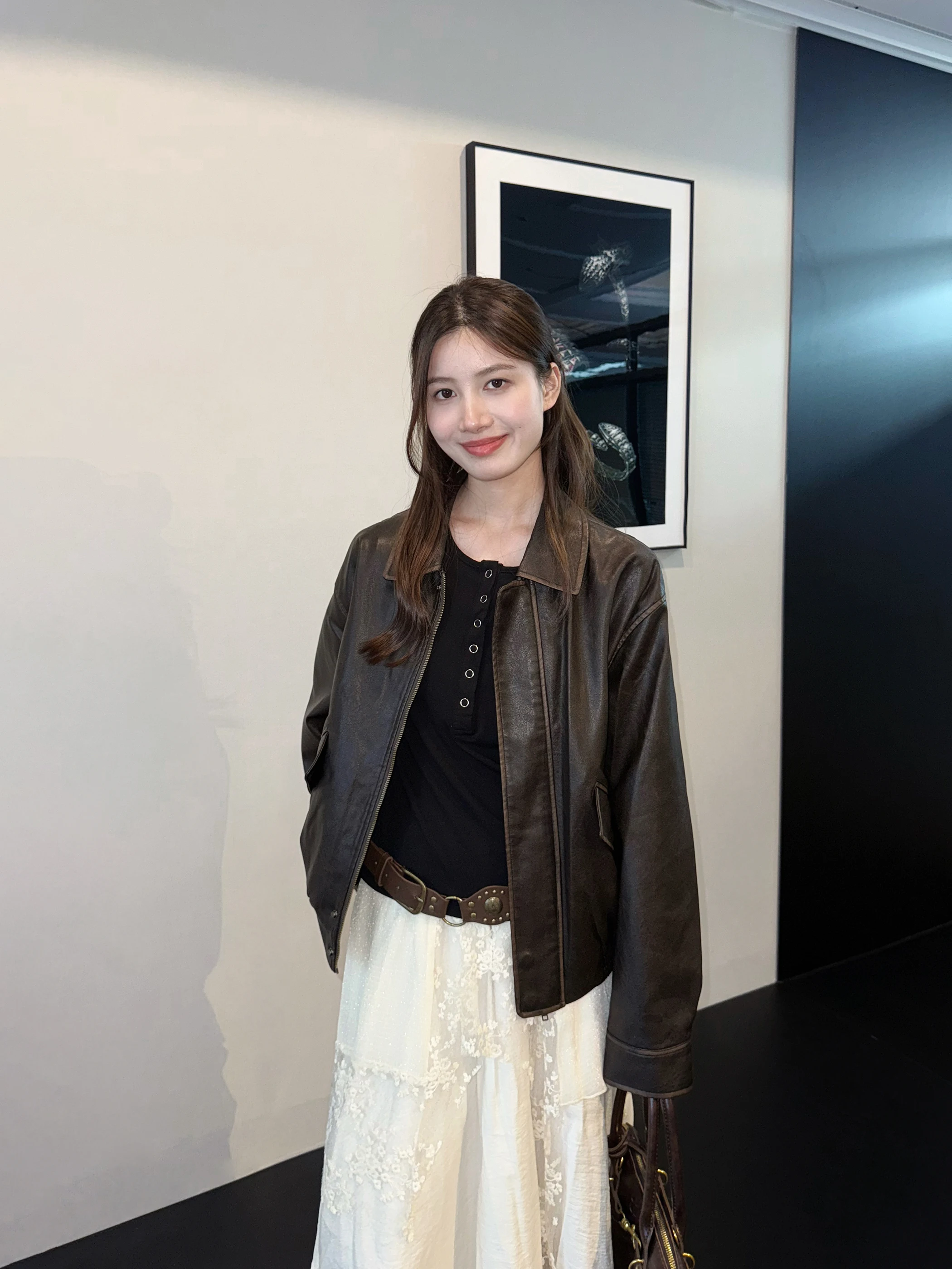 Aassss American Retro Kurze PU-Lederjacke für Damen, lockere Passform, modische Oberbekleidung mit Reißverschlusskragen, reguläre Ärmel