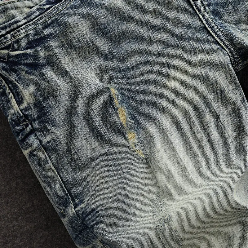 Fashion Designer Men Jeans Retro Washed Blue Stretch Slim Fit Printed Ripped Jeans Men Streetwear Vintage Denim Pants Hombre