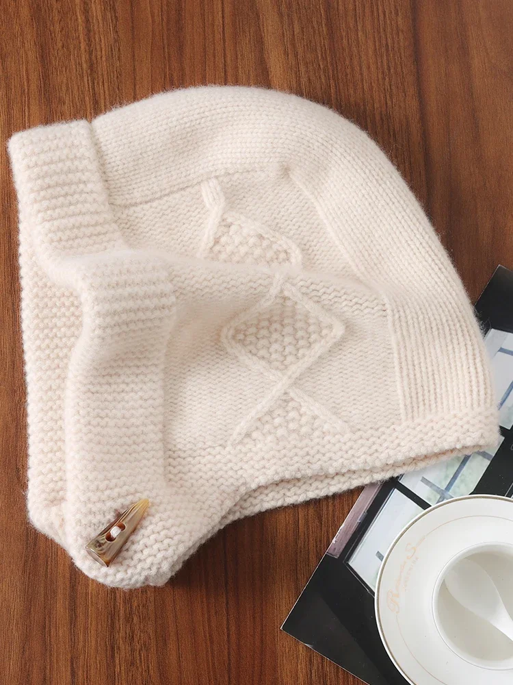 Pure Wool Knitted Balaclava Hat Thick Autumn Winter Soft Hood Horn Button Scarf Women Bonnet Men Neck Warm Ride Streetwear 2024