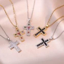Colorful Zircon Cross Pendant Necklaces for Women Girls Stainless Steel Trendy Romantic Jewelry Accessories Gifts