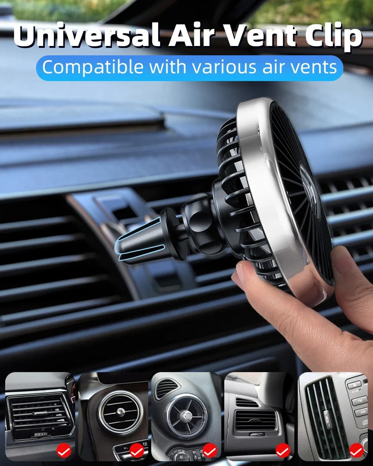 Eary 5V USB Car Air Vent Clip Fan 3 Speed Cooling Fan 360 Rotatable Silent Auto Air Cooler with Colorful LED Light for Rear Seat