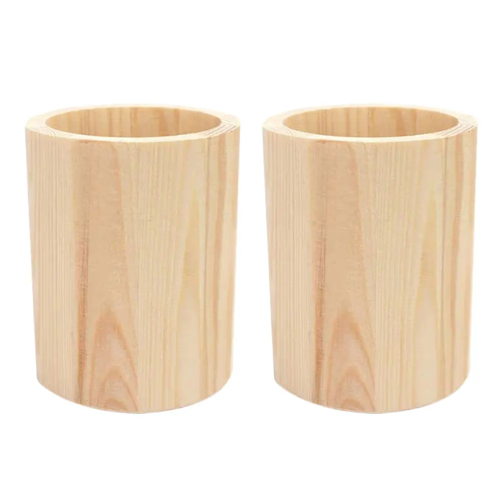 

2pcs Pine Wood Pen Holder Desk Organizer Brush Pot Storage Container Office Home Decoration Stationery Makeup Tools Pencil Pot