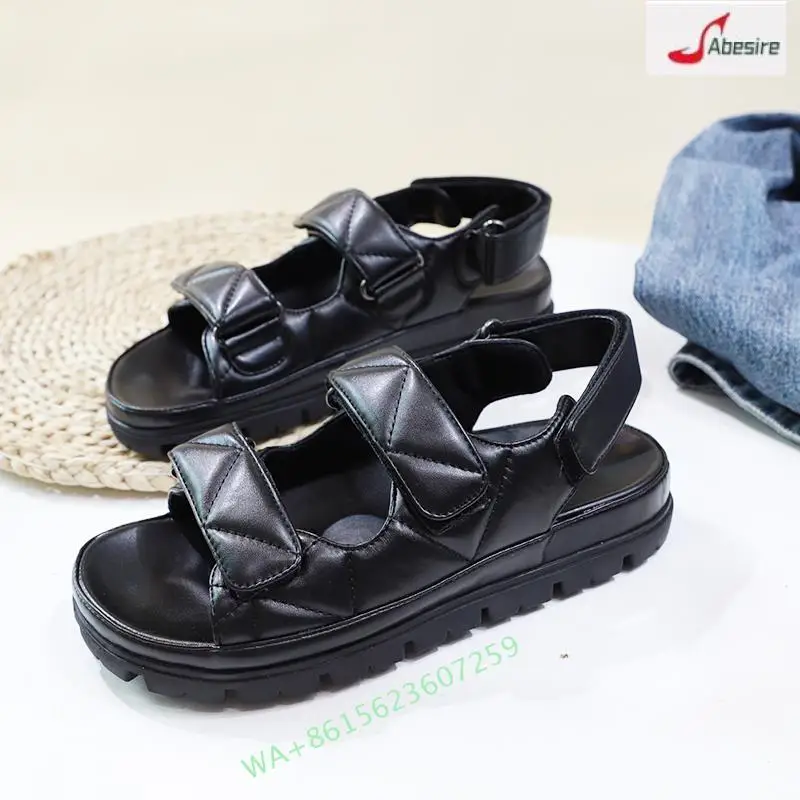 Summer New Women Sandals Vegan Leather Platform Hook-And-Loop Slingback Casual Sandals Open Toe Black Handmade 35-40