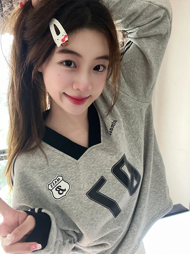 

Американский ретро-свитшот с цифровым принтом V-Ne, женский весенне-осенний свободный корейский топ маленького размера с каплей