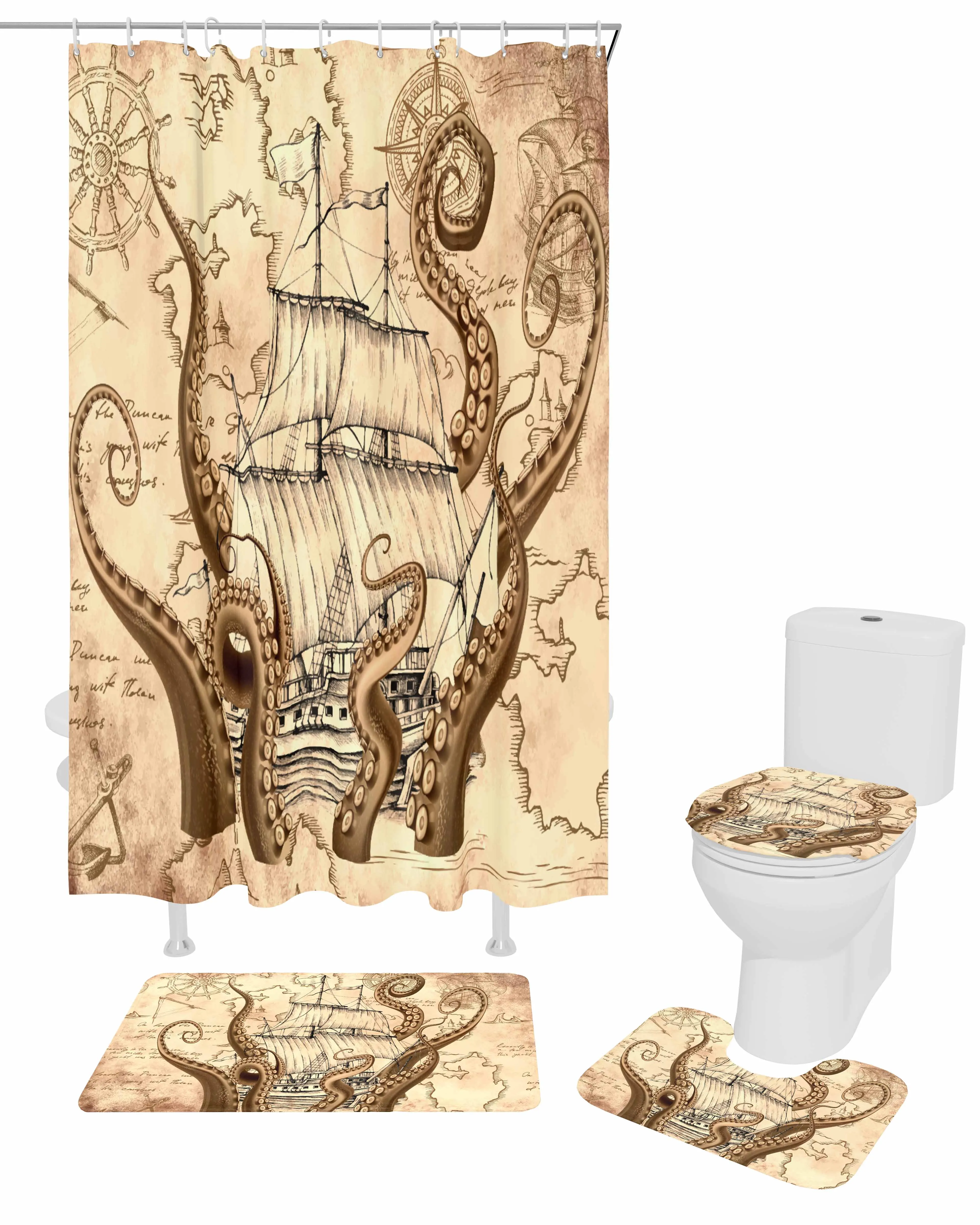 Nautical Octopus Retro Shower Curtain Non-Slip Rugs Toilet Lid Cover and Bath Mat Bathroom Curtains with Hooks