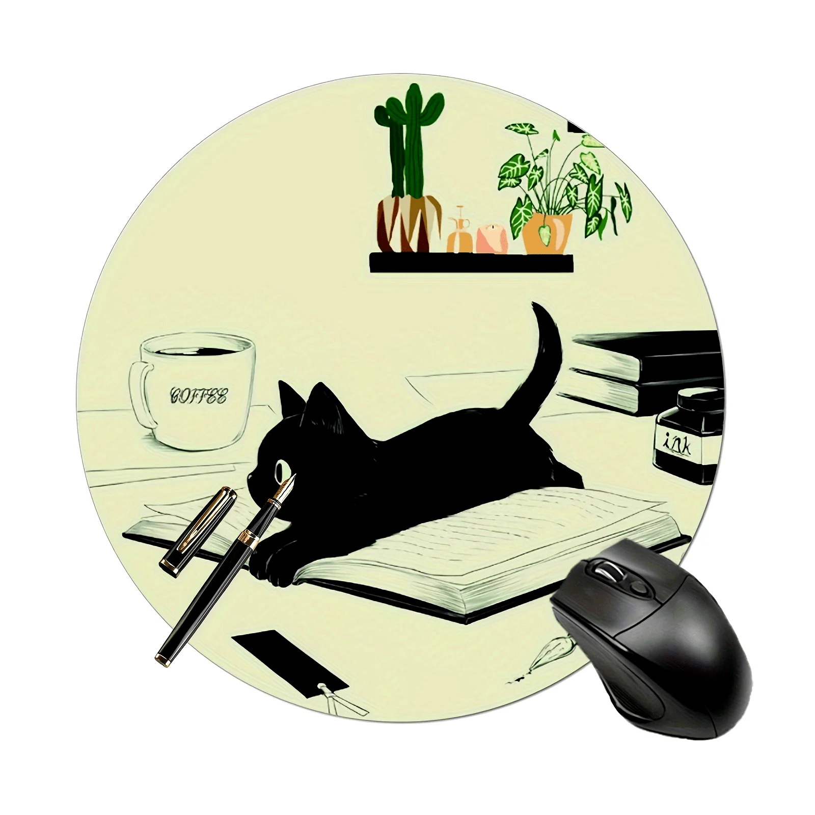 Black Cat Mouse Pad Non-Slip Black Cat Reading Gaming Mouse Pad Washable Round Mousepad Office Computers Laptops, Cat Mouse Pads