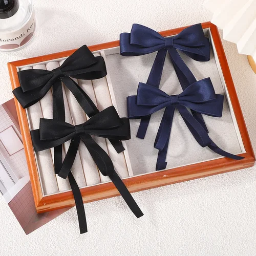 Imagen 2 del producto 2 uds elegante cinta de doble capa Clip de pelo con lazo para niña Boutique sombreros horquillas borla larga accesorios para el cabello de cola de caballo