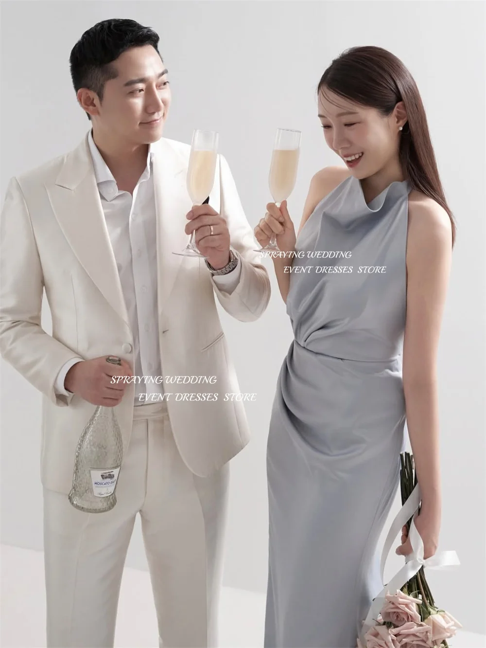 SPRAYING Elegante blauwe satijnen avondjurk Korea bruiloft fotoshoot halter mouwloze zeemeermin lange feestjurk korset op maat