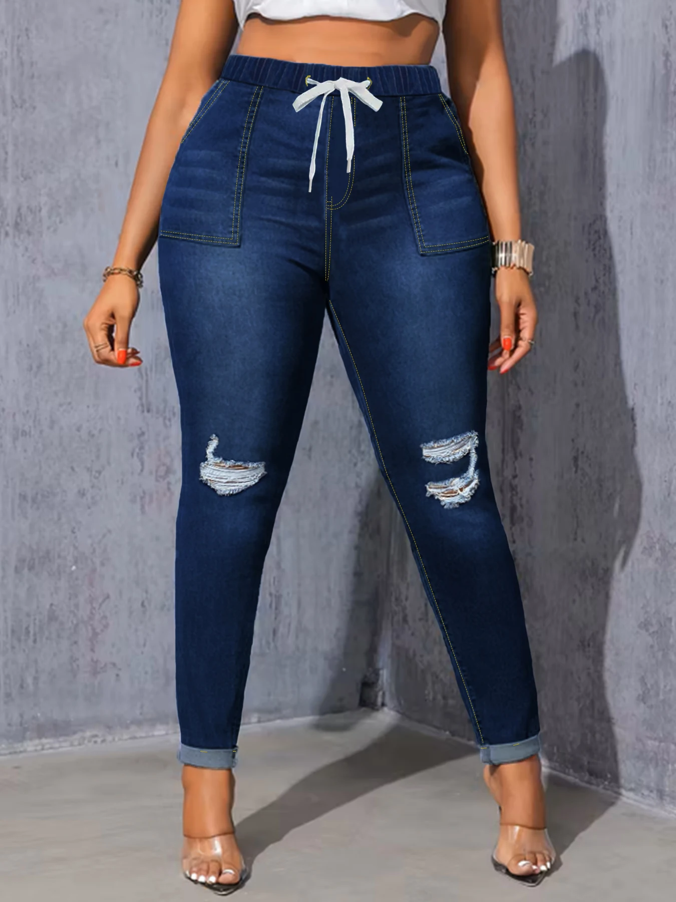 حجم كبير عالية الخصر سليم صالح الدينيم الجينز للنساء خمر ممزق متعرج بعقب مطاطا حجم كبير الجينز النسائية #1