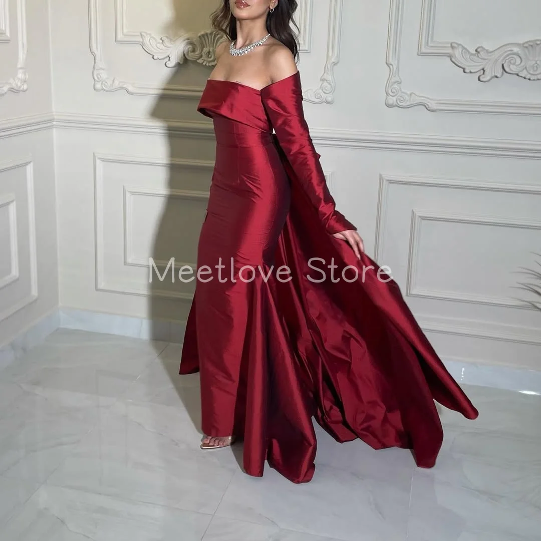 Meetlove personalizado satén rojo fuera del hombro mangas completas para mujeres vaina hasta el suelo vestidos de noche simples tren de barrido